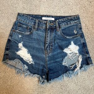 Eunina Frayed Hem Jean Shorts - Dark Blue